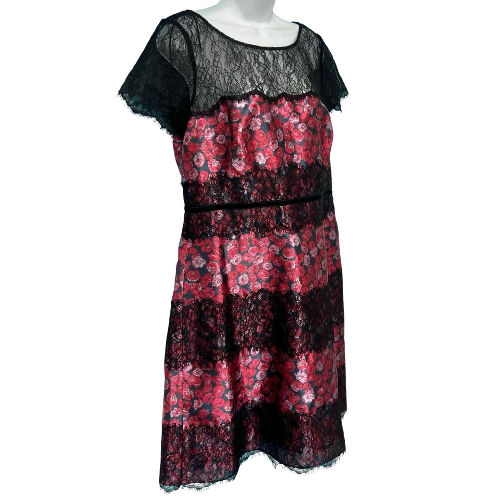 Kay Unger New York Black Pink Cap Sleeve Floral Lace Accent Mini Dress size L - Picture 6 of 11